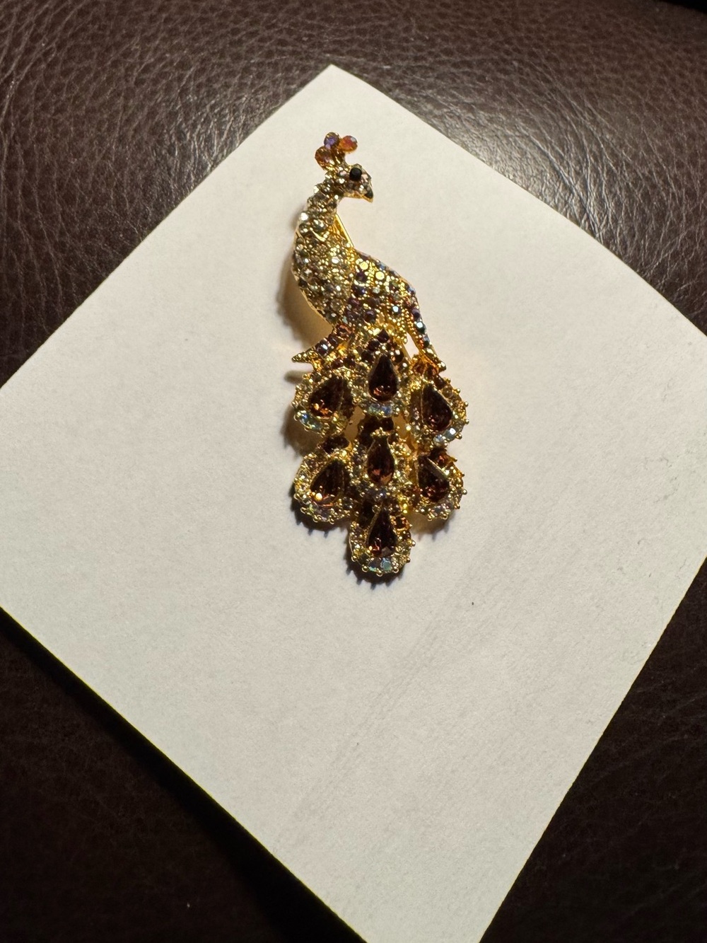 Gold Peacock Brooch with Amber Crystal Accents - Women's Jewelry